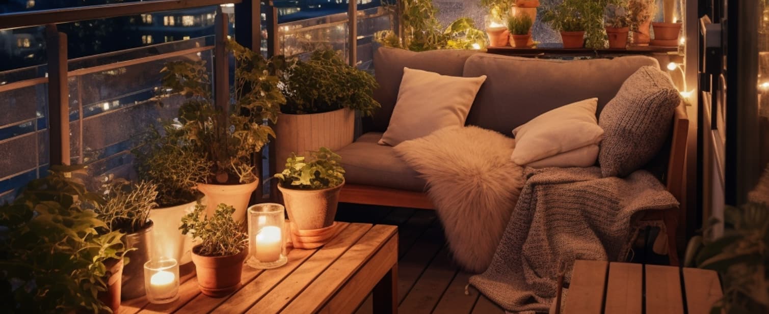 Cosy balcony seating area with candles, cushions, blankets and potted plants, creating a warm and relaxing outdoor space for enjoying summer evenings at home.